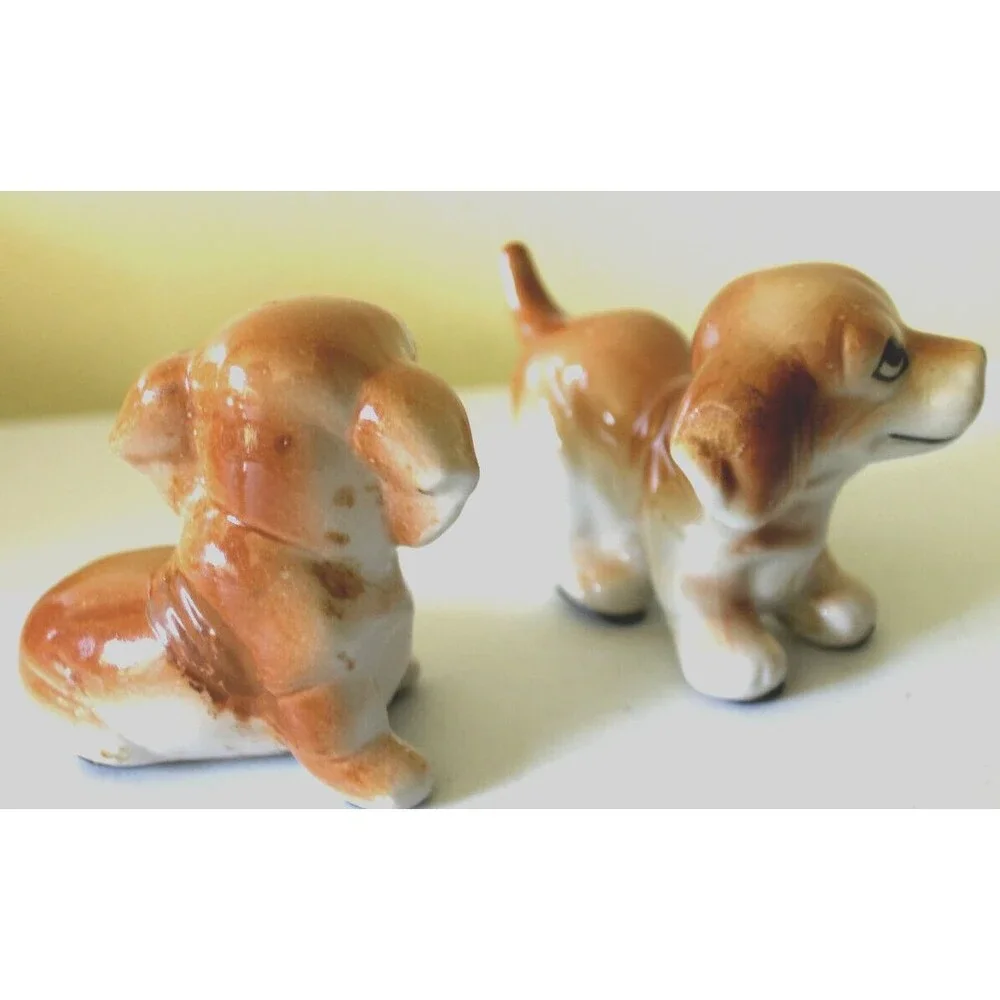 VTG Porcelain Docile Puppy Dog Pair Figurine White & Tan Mini 2.5